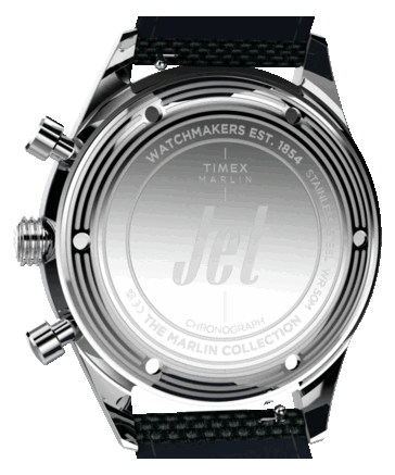 Timex Marlin Jet Chronograph 的背面视图,展示其不锈钢底盖