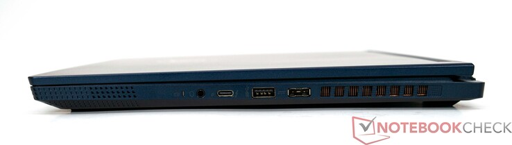 右侧：3.5毫米音频插孔组合，Thunderbold 4（Type-C，Power Delivery），USB 3.2 Gen 2 Typ-A，电源接口