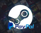显示带有 PayPal 徽标的 Steam 背景墙（图片来源：Steam、PayPal，有编辑）。