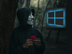 一个戴着盖伊-福克斯面具的人看着 Windows 徽标（图片来源：Peakpx 和 Ahmed Zayan via Unsplash；已编辑）