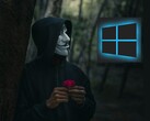 一个戴着盖伊-福克斯面具的人看着 Windows 徽标（图片来源：Peakpx 和 Ahmed Zayan via Unsplash；已编辑）