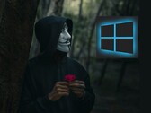 一个戴着盖伊-福克斯面具的人看着 Windows 徽标（图片来源：Peakpx 和 Ahmed Zayan via Unsplash；已编辑）
