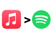 Apple 音乐徽标、"大于 "符号和 Spotify 徽标。