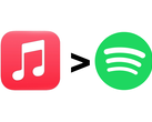 Apple 音乐徽标、"大于 "符号和 Spotify 徽标。