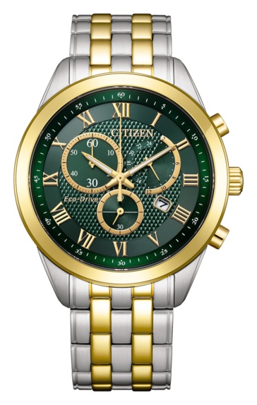 Citizen AT2604-56X Eco-Drive 计时码表,配有祖母绿纹理表盘、金色表圈和罗马数字时标,以及双色不锈钢表链。
