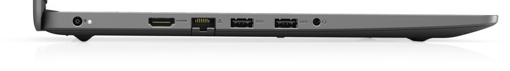 左侧。电源，HDMI，千兆以太网，2个USB 3.2 Gen 1（Type-A），组合音频