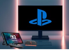 Switch 2 与带有 PlayStation 标志的 PC 显示器相邻（图片来源：任天堂美国公司，索尼 PlayStation 有编辑）。