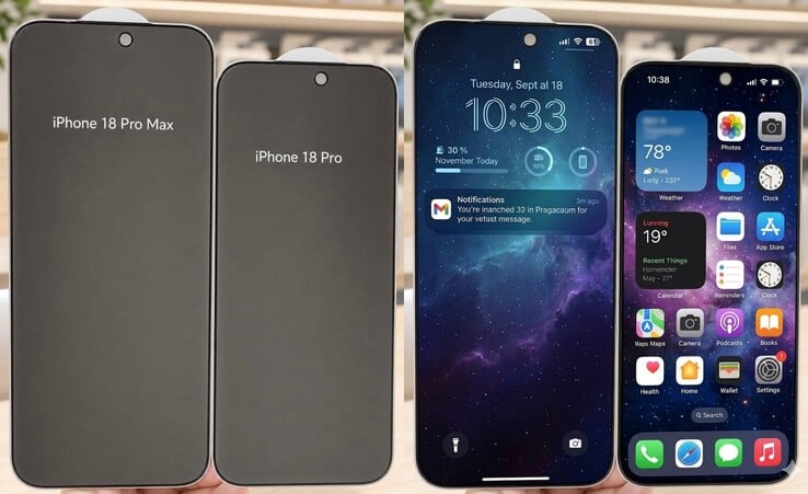 泄露的 iPhone 18 Pro 系列屏幕保护贴（左）看起来比 iPhone 17 Pro 系列的屏幕保护贴更高。关于显示屏纵横比更高的泄露/传言尚未得到其他消息来源的证实。