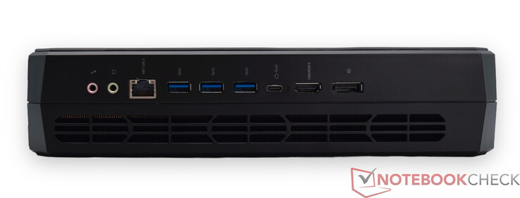 后部麦克风输入、线路输出、RJ45 2.5G、3 个 USB 3.2 Gen2 Type-A、USB 3.2 Gen2 Type-C 端口（Alt Data 和 DP）、HDMI 2.1、DisplayPort 2.0