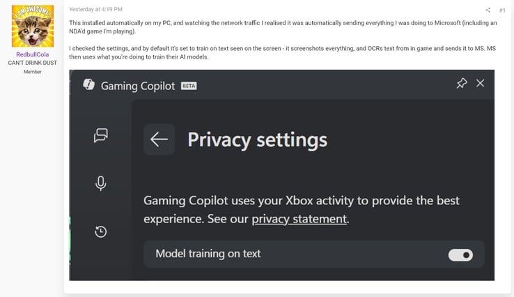 Gaming Copilot 隐私问题（图片来源：截图，RedbullCola@ResetEra 论坛）