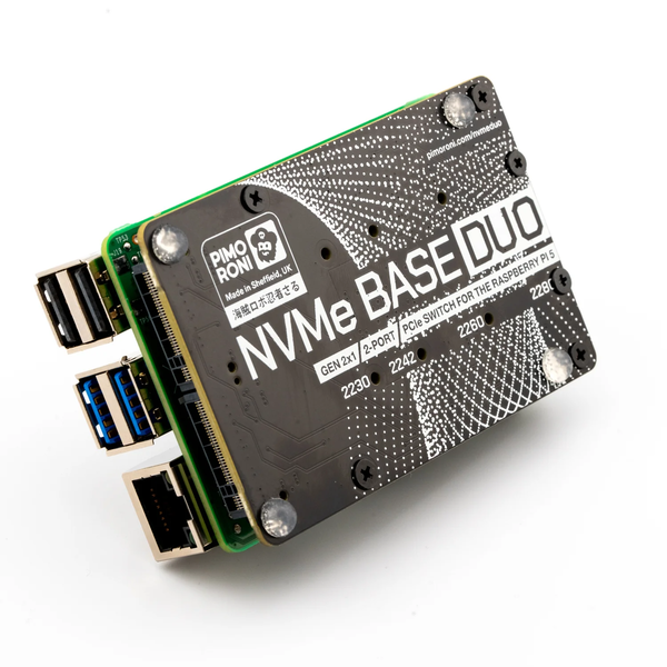 Pimoroni NVME Base Duo 最多可为Raspberry Pi 添加两个全尺寸 NVMe 硬盘（图片来源：Pimoroni）。