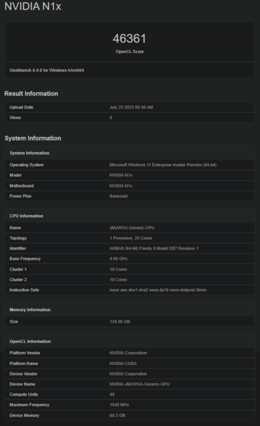 Nvidia N1X Geekbench GPU 性能（图片来源：Geekbench）
