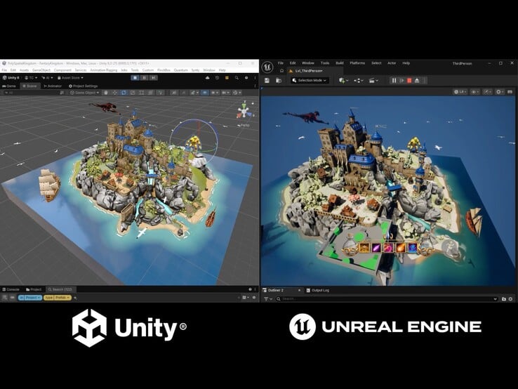该演示对比了在 Unity 编辑器中运行的《Fantasy Kingdom》项目与由虚幻引擎渲染的版本。