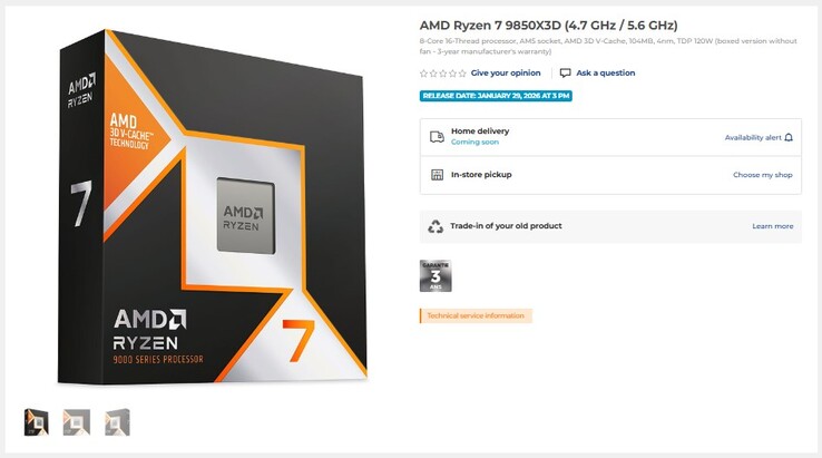 Ryzen 7 9850X3D 上市。(图片来源：LDLC）