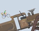 《Happy Wheels》的游戏画面展示了一对父子在用户自创的障碍赛道上骑自行车朝一辆大型机车驶去。