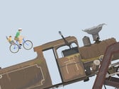 《Happy Wheels》的游戏画面展示了一对父子在用户自创的障碍赛道上骑自行车朝一辆大型机车驶去。