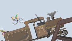 《Happy Wheels》的游戏画面展示了一对父子在用户自创的障碍赛道上骑自行车朝一辆大型机车驶去。