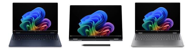 从左到右依次为大气蓝、日食灰和流星银色的 OmniBook X Flip 16。