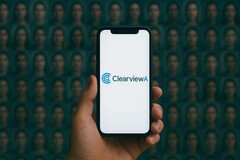 装有 Clearview AI 的智能手机,背景为人脸数据库(图片来源:人工智能生成)