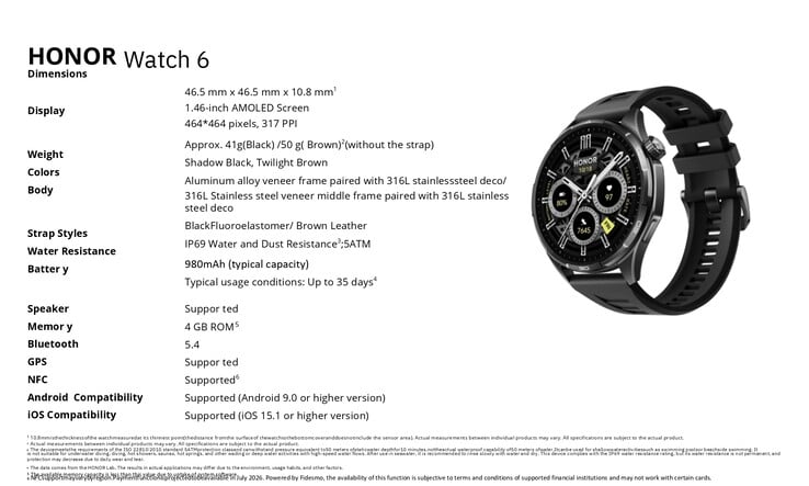 Honor Watch 6 详细规格