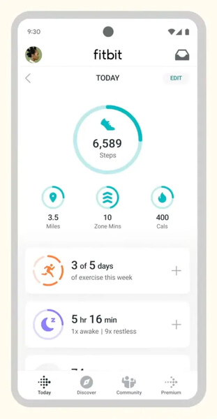 目前的 Fitbit 应用程序。(图片来源：9to5Google）