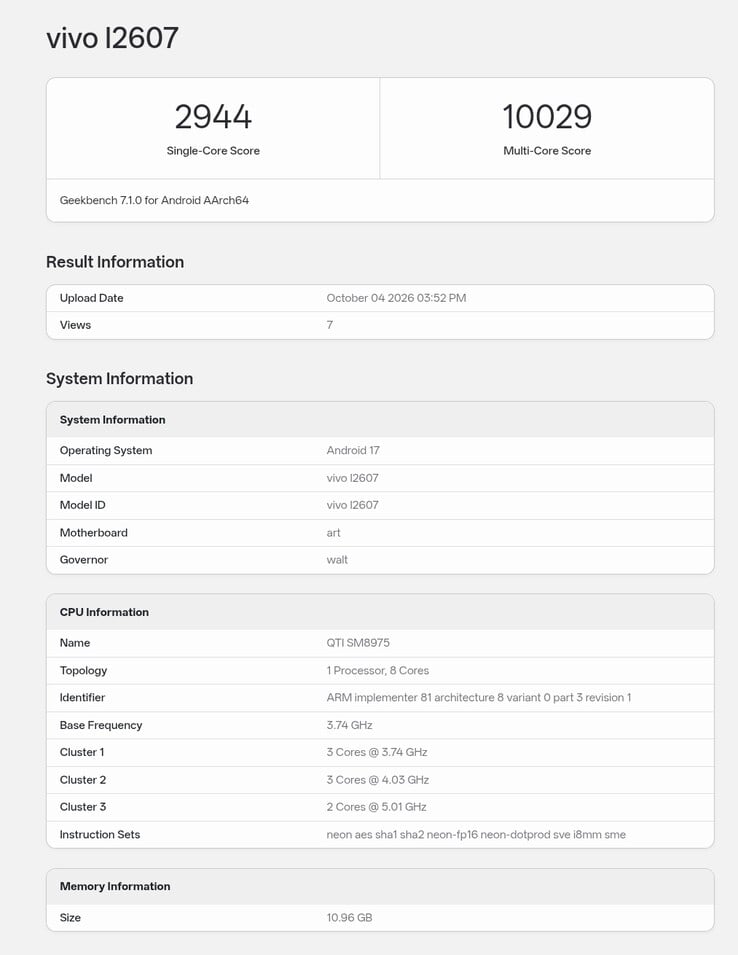 运行全球版固件的 iQOO 16 的 Geekbench 跑分记录