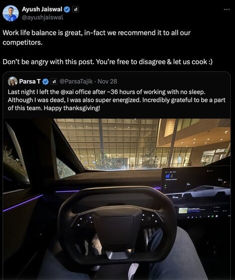 xAI 员工 Parsa Tajik 声称自己不眠不休地工作了 36 个小时。(图片来源:X)