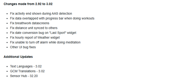 Garmin Lily 2 Active 智能手表 3.02 版软件的更改日志。(图片来源:Garmin)