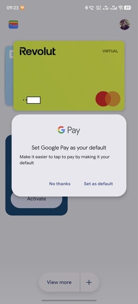 一个新的弹出窗口建议将 Google Pay 设为默认支付方式。