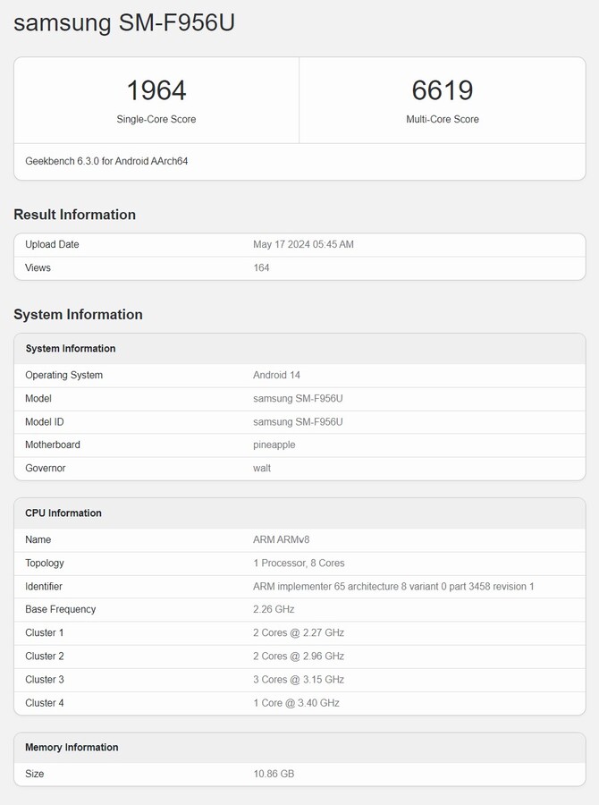 搭载骁龙 8 代 3 处理器的美国版三星Galaxy Z Fold6 出现在 Geekbench 上。