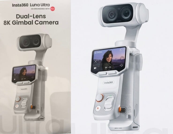 Insta360 Luna Ultra 原始零售包装盒（左）与 AI 增强特写图片（右）。