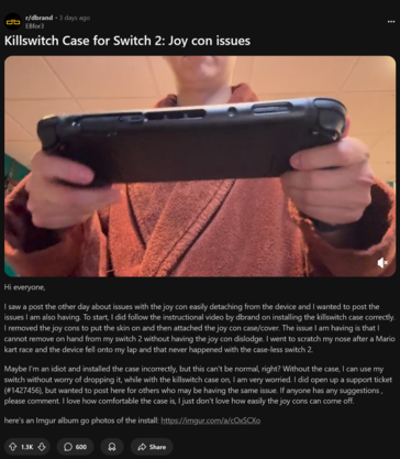 Killswitch Switch 2 的操纵杆分离问题（图片来源：截图，dbrand subreddit）
