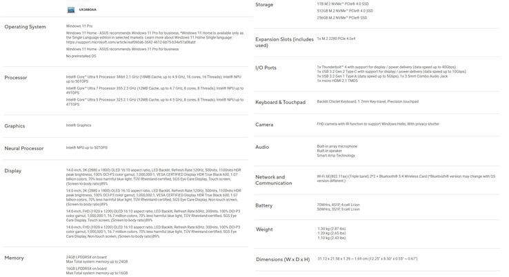 华硕 ZenBook 14 UX3480AA 的规格参数
