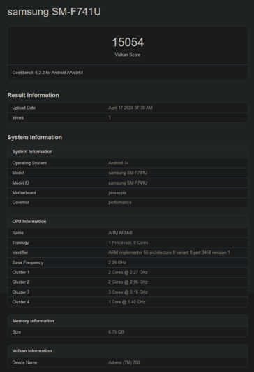 Galaxy Z Flip6 Vulkan 跑分（图片来自 Geekbench）