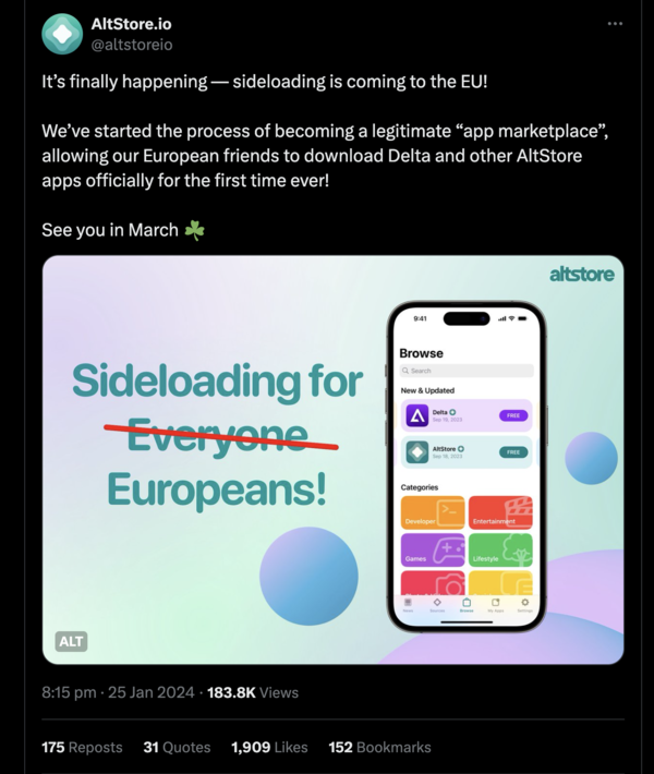 AltStore 发布公告称其正在成为 "合法的应用程序市场"（来源：AltStore via X）