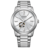 Citizen NH9150-52A 自动腕表,配有银色太阳纹表盘、6点钟位置上方设有透底设计、不锈钢表壳及配套表链。