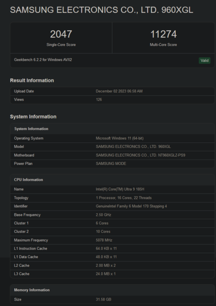 英特尔酷睿至尊 9 185H Geekbench 跑分（图片来自 Geekbench）