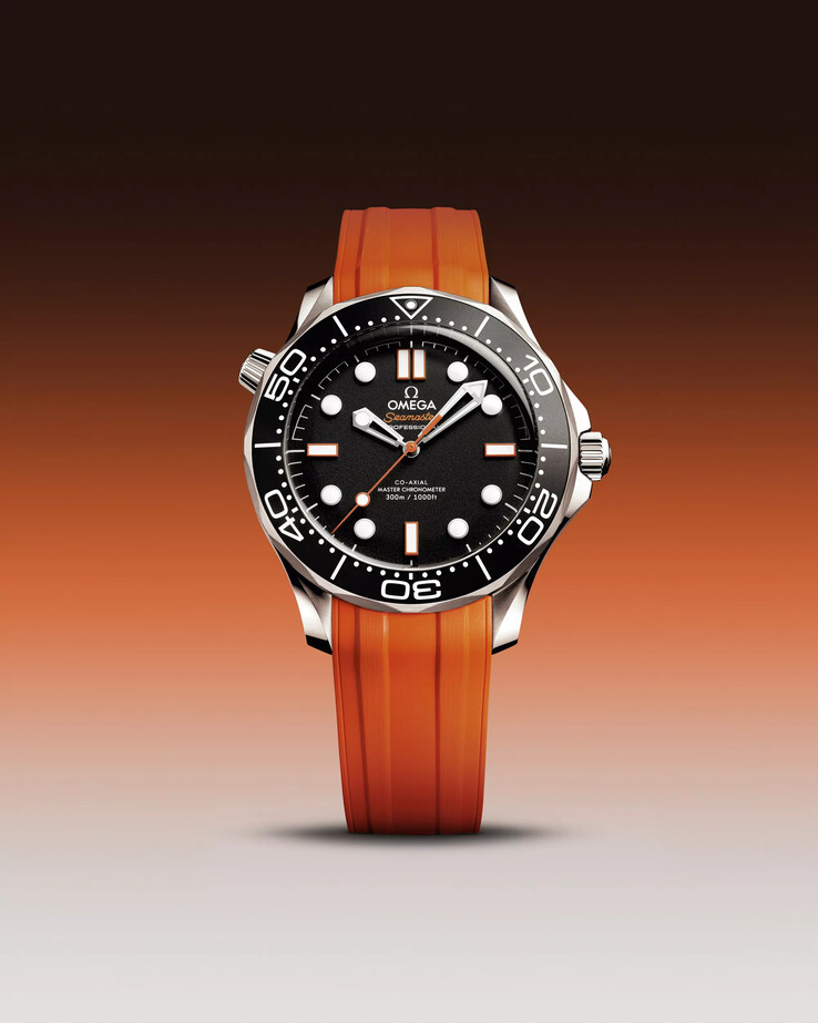 搭配橙色橡胶表带的欧米茄海马系列 Diver 300 米潜水表。(图片来源：欧米茄）