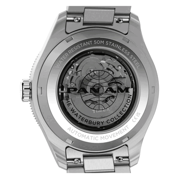 Timex Pan Am Waterbury 自动上链GMT腕表的背面视图,展示了其透明表背和自动机芯。