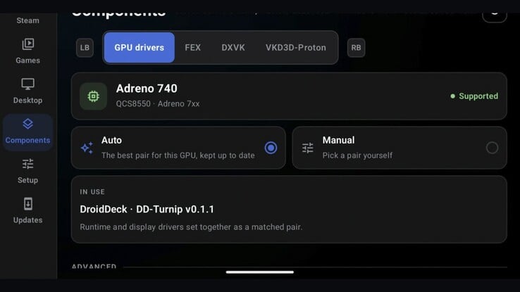 DroidDeck 在 Adreno 740 设备上的 GPU 驱动设置。独立实验性分支正在探索对 PowerVR 和 Mali 图形处理器的支持。