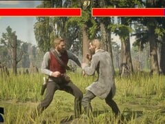 死亡救赎 2》主角亚瑟-摩根（Arthur Morgan）以真人快打的方式与一名 NPC 搏斗。(图片来源：YouTube 上的 Blurbs，截图）