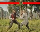 死亡救赎 2》主角亚瑟-摩根（Arthur Morgan）以真人快打的方式与一名 NPC 搏斗。(图片来源：YouTube 上的 Blurbs，截图）