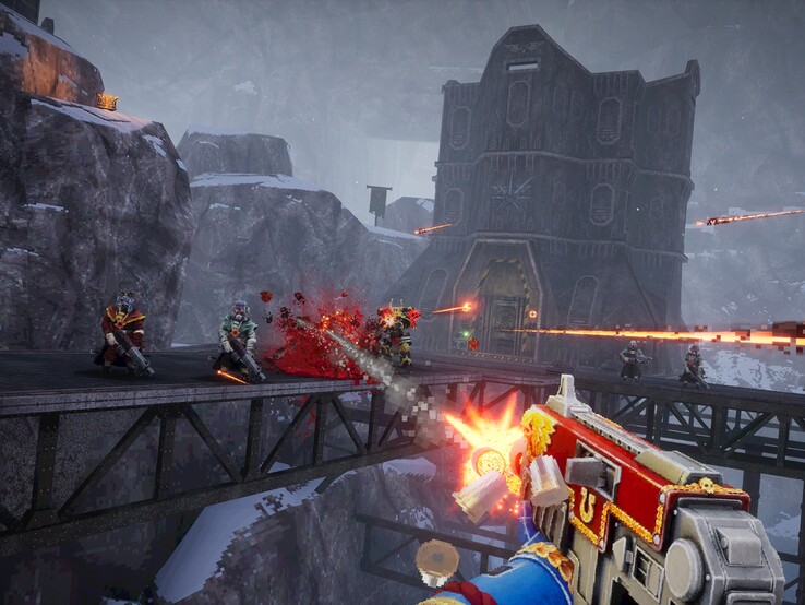 Warhammer 40.000 Boltgun》的像素图形向 90 年代的射击游戏致敬，如《DOOM》、《Wolfenstein 3D》或《Quake》。(来源：Steam)