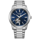 Citizen NH9150-52L 自动腕表,配有蓝色太阳纹表盘、透底设计、不锈钢表链和抛光表圈。