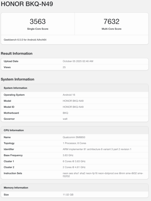Honor Magic 8 的 Geekbench 列表（图片来源：Geekbench）。