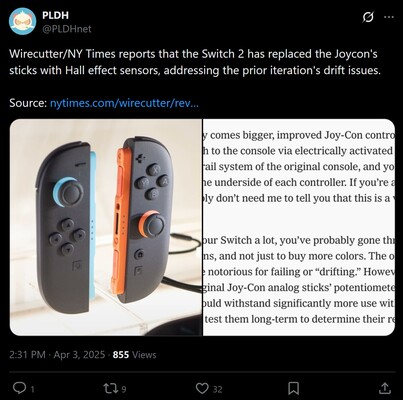 纽约时报》Wirecutter Switch 2 Joy-Cons 印象 X 帖子（图片来源：截图，PLDH X 账户）