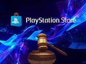 PlayStation Store诉讼相关横幅，图中显示了一把法槌