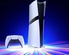 置于垂直支架上的索尼PlayStation 5 Pro游戏主机,配有DualSense手柄