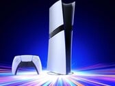 置于垂直支架上的索尼PlayStation 5 Pro游戏主机，配有DualSense手柄