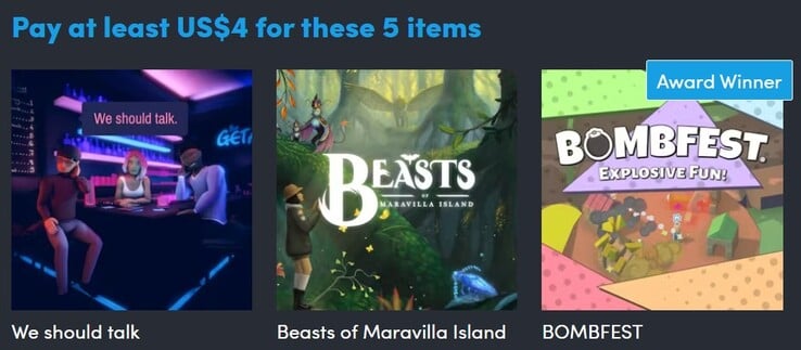装饰图片。第一层包含 5 款游戏，售价 4 美元（图片来源：Humble Bundle）
